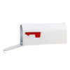 Open white mailbox with red flag