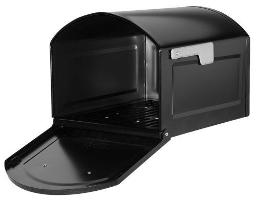 Open black mailbox with gray flag