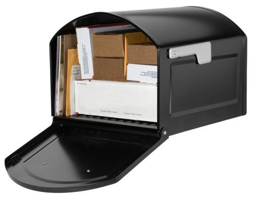 Open black mailbox with packages and mail inside