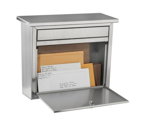 Open steel wall mount mailbox with mail inside