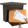 Open bronze wall mount mailbox with mail inside