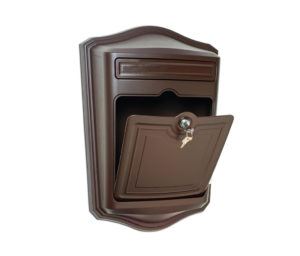 Open brown wall mount mailbox with lock and key