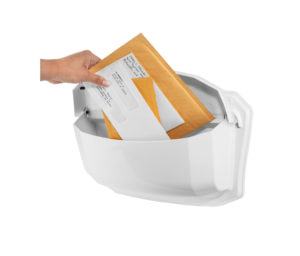 Open white wall mount mailbox with mail inside