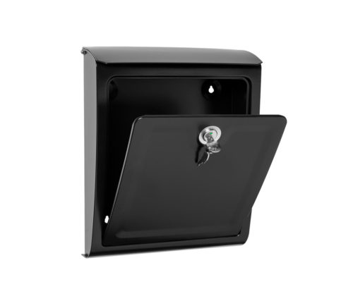 Open black wall mount mailbox with key and lock