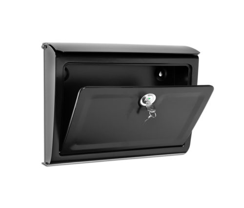 Open black wall mount mailbox with silver lock and key
