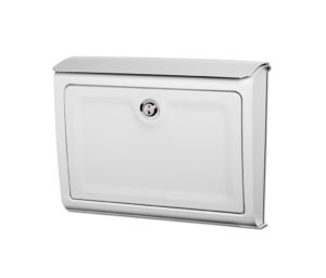 White wall mount mailbox with silver lock