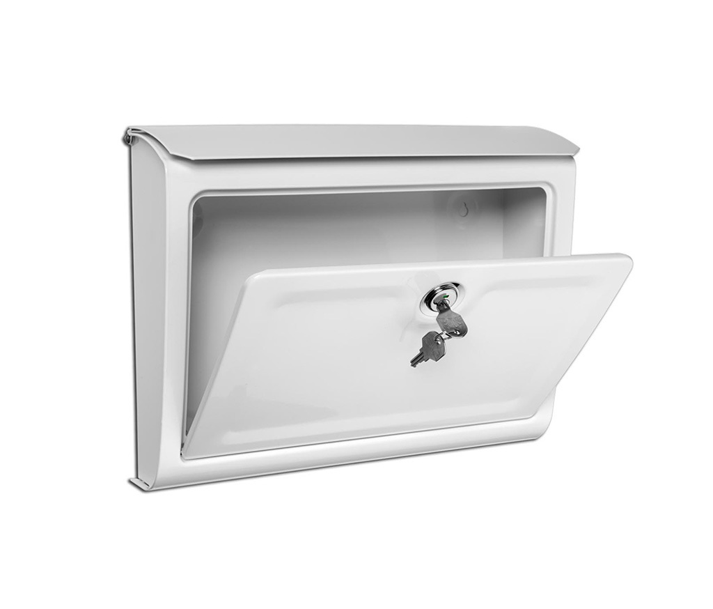 Open white wall mount mailbox with silver lock and key