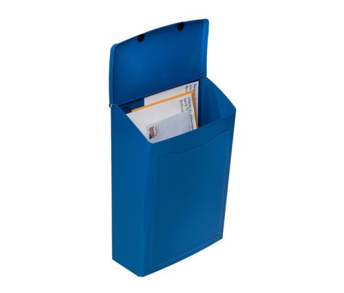 Open blue wall mount mailbox with mail inside