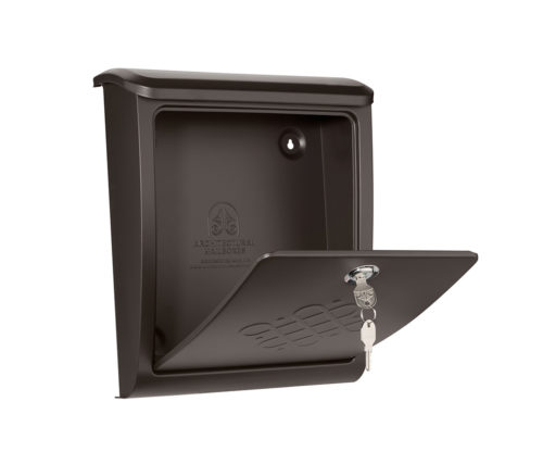 Open bronze mailbox with key inside silver lock