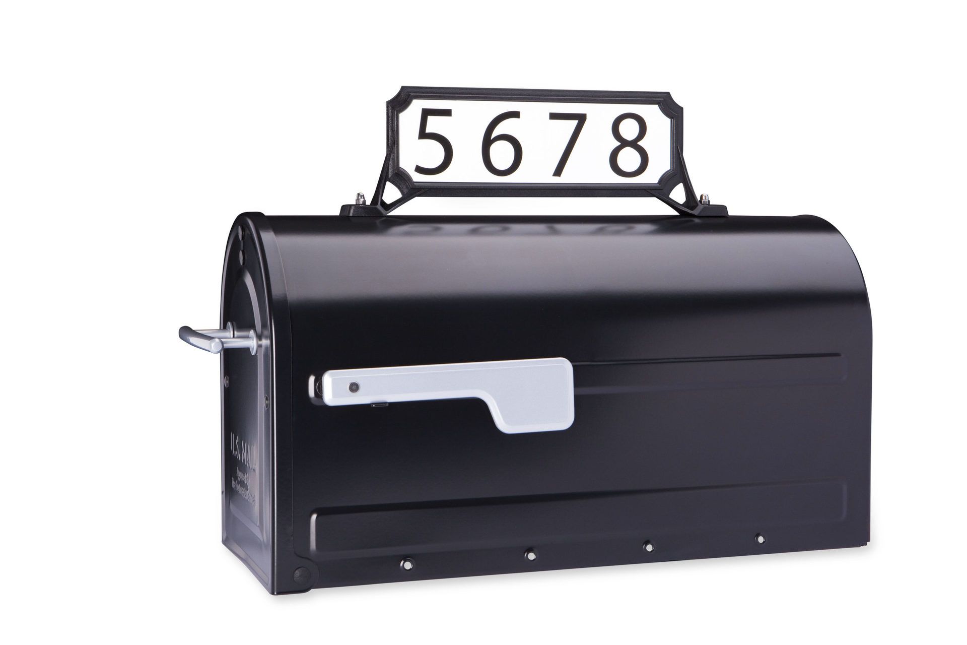 Black mailbox with silver flag and address on top