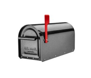 Black mailbox with red flag raised