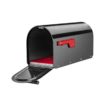 Open black mailbox with red interior