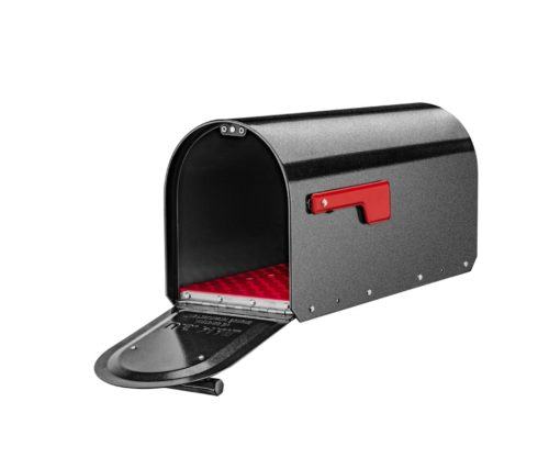 Open black mailbox with red interior