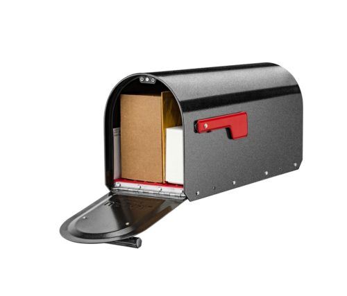 Open black mailbox with packages inside