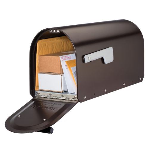 Open bronze mailbox with packages and mail inside