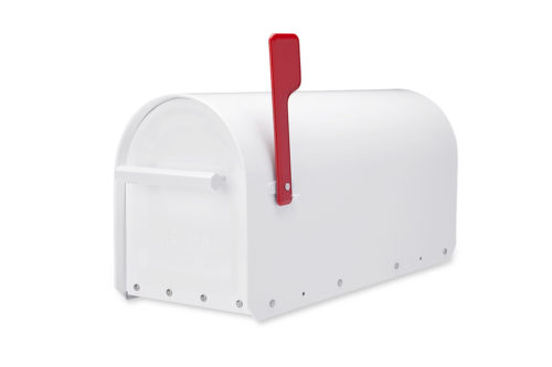 White mailbox with red flag raised