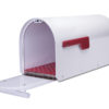 Open white mailbox with red interior