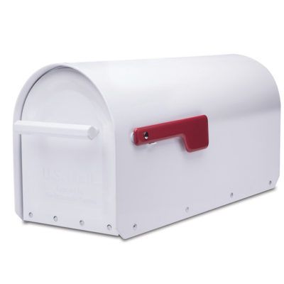White mailbox with red flag