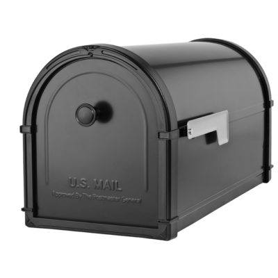 Black mailbox with gray flag