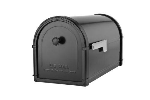 Black mailbox with gray flag