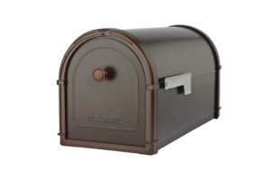 Brown mailbox with gray flag
