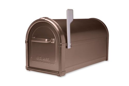 Brown mailbox with gray flag raised