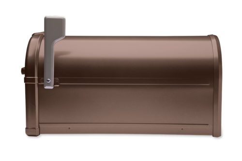 Brown mailbox with gray flag raised