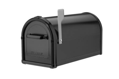 Black mailbox with gray flag raised