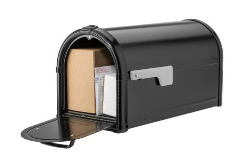 Open black mailbox with packages and mail inside