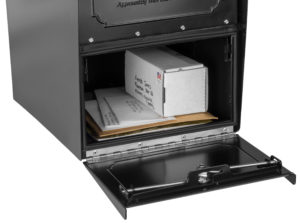 Open black mailbox with package and mail inside