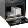 Open black mailbox with package and mail inside