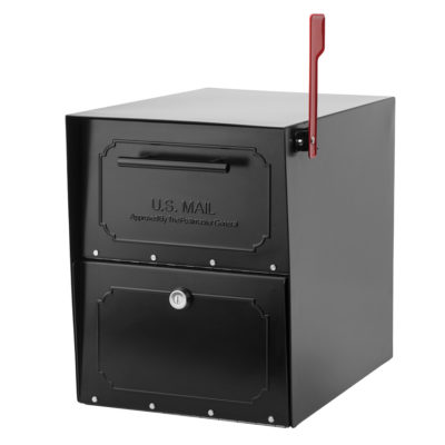 Black mailbox with red flag raised