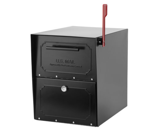 Black mailbox with red flag raised