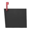 Black mailbox with red flag raised