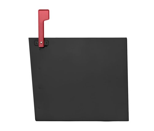 Black mailbox with red flag raised