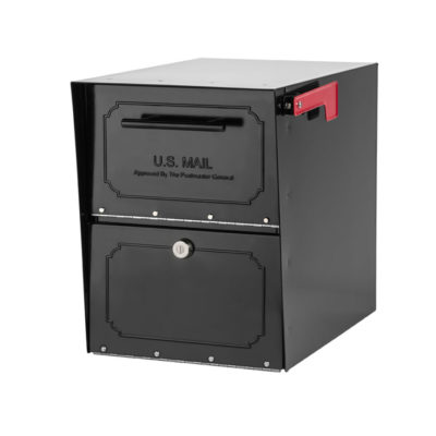 Black mailbox with red flag