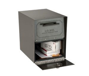 Open black mailbox with packages inside