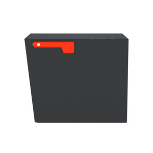 Side of black wall mount mailbox with red flag