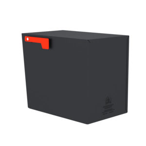 Side of black wall mount mailbox with red flag