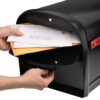 Open mailbox with mail inside and red flag