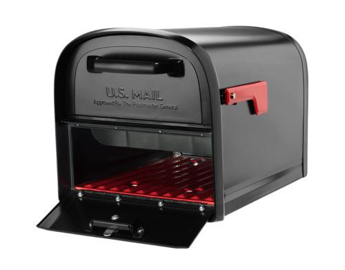 Open black mailbox with red interior and red flag