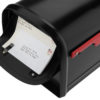 Open black mailbox with mail inside and red flag