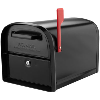 Black mailbox with red flag raised