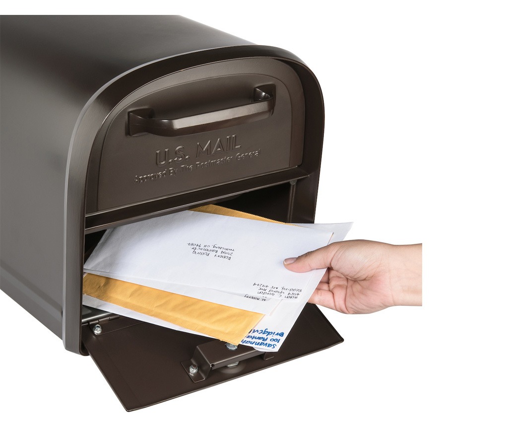 6300RZ_Front_Retrieval_Studio.jpg Open bronze mailbox with mail inside