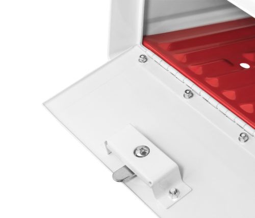 Open white mailbox with red interior