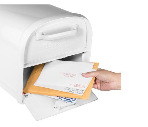 Open white mailbox with mail inside