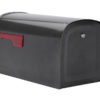 Black mailbox with red flag