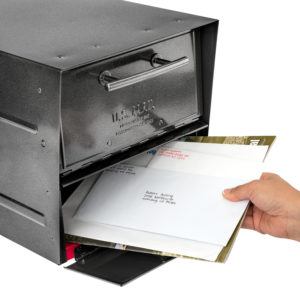 Open black mailbox with mail inside