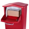 Open red drop box with package inside