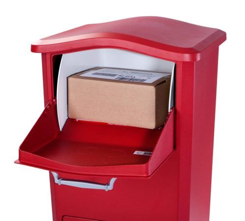 Open red drop box with package inside